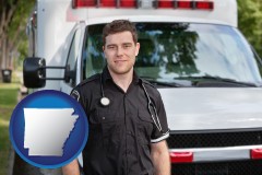 arkansas map icon and an ambulance and an emt volunteer