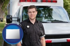 colorado map icon and an ambulance and an emt volunteer