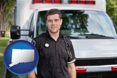 connecticut map icon and an ambulance and an emt volunteer