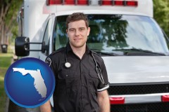 florida map icon and an ambulance and an emt volunteer