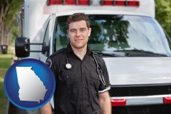 georgia map icon and an ambulance and an emt volunteer