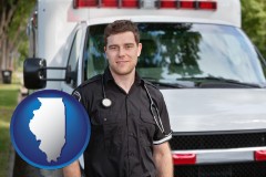 illinois map icon and an ambulance and an emt volunteer