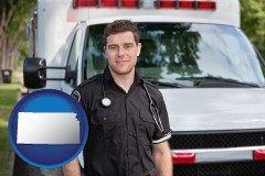 kansas map icon and an ambulance and an emt volunteer