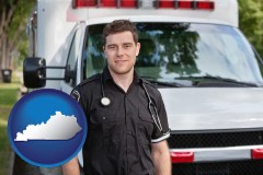 kentucky map icon and an ambulance and an emt volunteer
