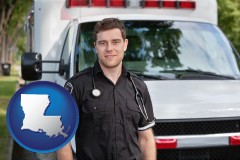 louisiana map icon and an ambulance and an emt volunteer