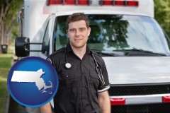 massachusetts map icon and an ambulance and an emt volunteer