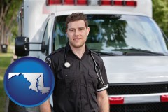 maryland map icon and an ambulance and an emt volunteer