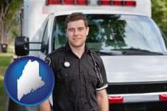 maine map icon and an ambulance and an emt volunteer