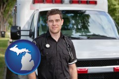 michigan map icon and an ambulance and an emt volunteer