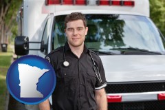 minnesota map icon and an ambulance and an emt volunteer