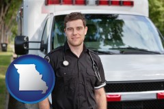 missouri map icon and an ambulance and an emt volunteer