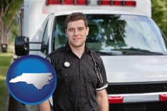 north-carolina map icon and an ambulance and an emt volunteer