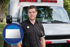 north-dakota map icon and an ambulance and an emt volunteer