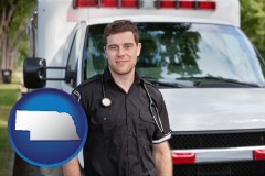 nebraska map icon and an ambulance and an emt volunteer