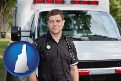 new-hampshire map icon and an ambulance and an emt volunteer