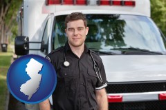 new-jersey map icon and an ambulance and an emt volunteer