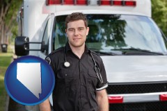 nevada map icon and an ambulance and an emt volunteer