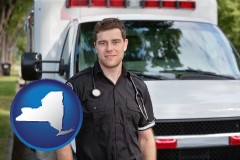 new-york map icon and an ambulance and an emt volunteer
