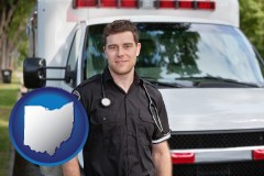 ohio map icon and an ambulance and an emt volunteer