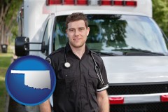 oklahoma map icon and an ambulance and an emt volunteer