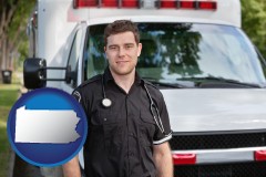 pennsylvania map icon and an ambulance and an emt volunteer
