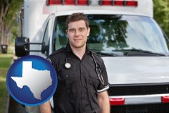 texas map icon and an ambulance and an emt volunteer