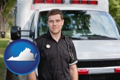 virginia map icon and an ambulance and an emt volunteer