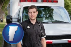 vermont map icon and an ambulance and an emt volunteer