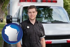 wisconsin map icon and an ambulance and an emt volunteer