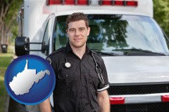 west-virginia map icon and an ambulance and an emt volunteer