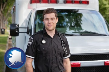 an ambulance and an emt volunteer - with Alaska icon