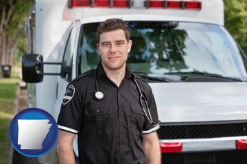 an ambulance and an emt volunteer - with Arkansas icon