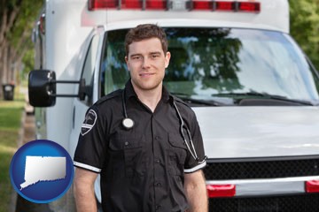 an ambulance and an emt volunteer - with Connecticut icon