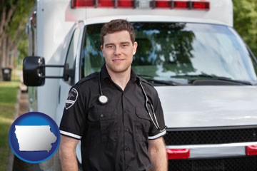 an ambulance and an emt volunteer - with Iowa icon