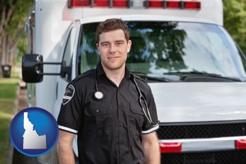 an ambulance and an emt volunteer - with Idaho icon