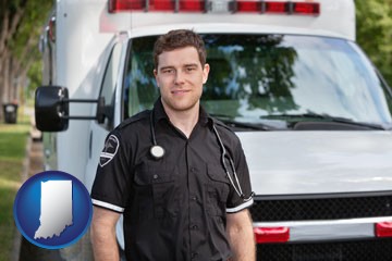 an ambulance and an emt volunteer - with Indiana icon
