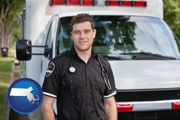 an ambulance and an emt volunteer - with Massachusetts icon