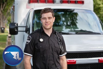an ambulance and an emt volunteer - with Maryland icon