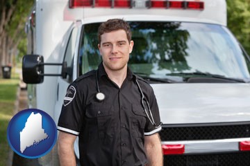 an ambulance and an emt volunteer - with Maine icon