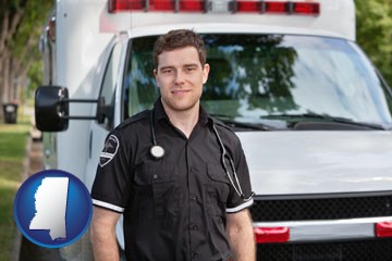 an ambulance and an emt volunteer - with Mississippi icon