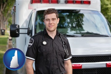 an ambulance and an emt volunteer - with New Hampshire icon