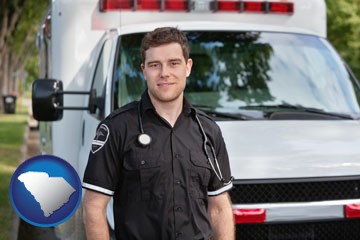an ambulance and an emt volunteer - with South Carolina icon