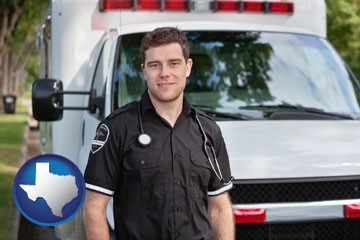 an ambulance and an emt volunteer - with Texas icon