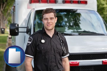 an ambulance and an emt volunteer - with Utah icon