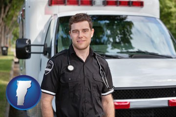 an ambulance and an emt volunteer - with Vermont icon
