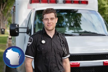 an ambulance and an emt volunteer - with Wisconsin icon